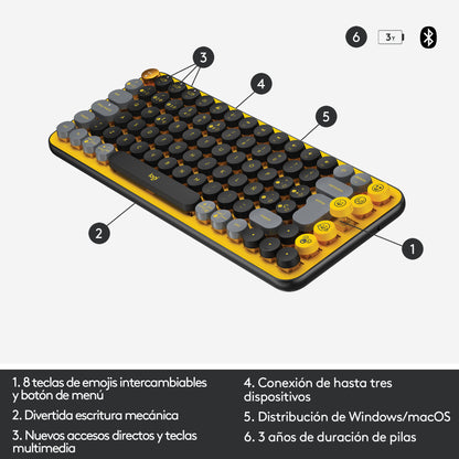 Logitech - POP Keys Wireless Mechanical Keyboard With Emoji Keys teclado Universal RF Wireless + Bluetooth QWERTY Español Negro  Gris  Amarillo