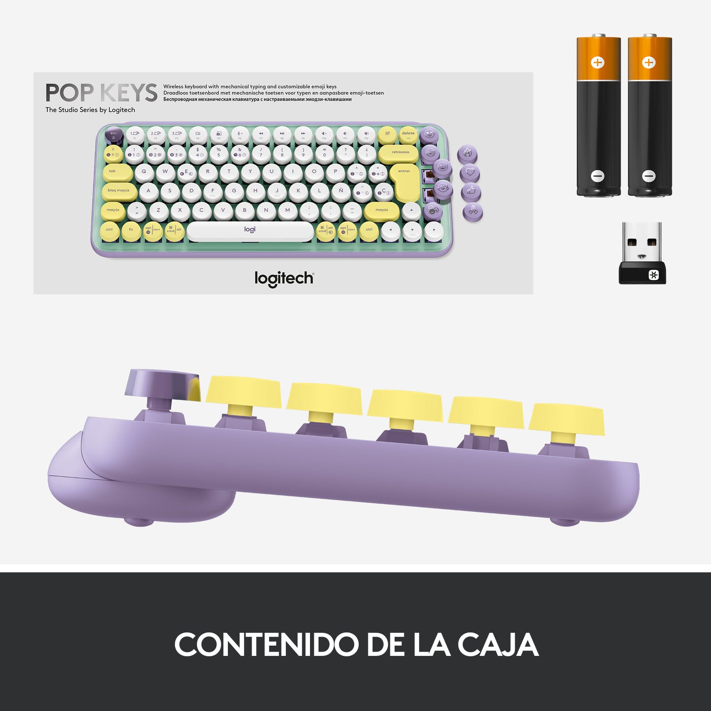 Logitech - POP Keys Wireless Mechanical Keyboard With Emoji Keys teclado Universal RF Wireless + Bluetooth QWERTY Español Color menta  Violeta  Blanco  Amarillo