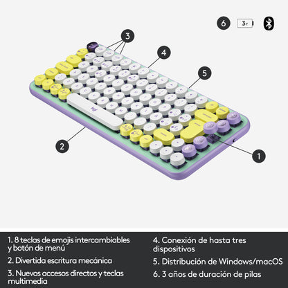 Logitech - POP Keys Wireless Mechanical Keyboard With Emoji Keys teclado Universal RF Wireless + Bluetooth QWERTY Español Color menta  Violeta  Blanco  Amarillo