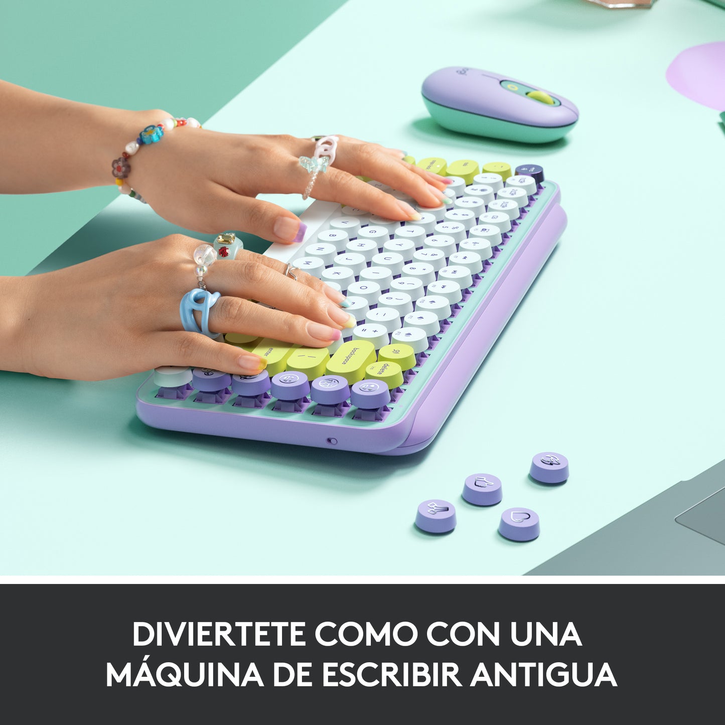 Logitech - POP Keys Wireless Mechanical Keyboard With Emoji Keys teclado Universal RF Wireless + Bluetooth QWERTY Español Color menta  Violeta  Blanco  Amarillo