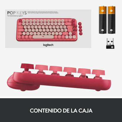 Logitech - POP Keys Wireless Mechanical Keyboard With Emoji Keys teclado Universal RF Wireless + Bluetooth QWERTY Español Borgoña  Rosa  Rosa