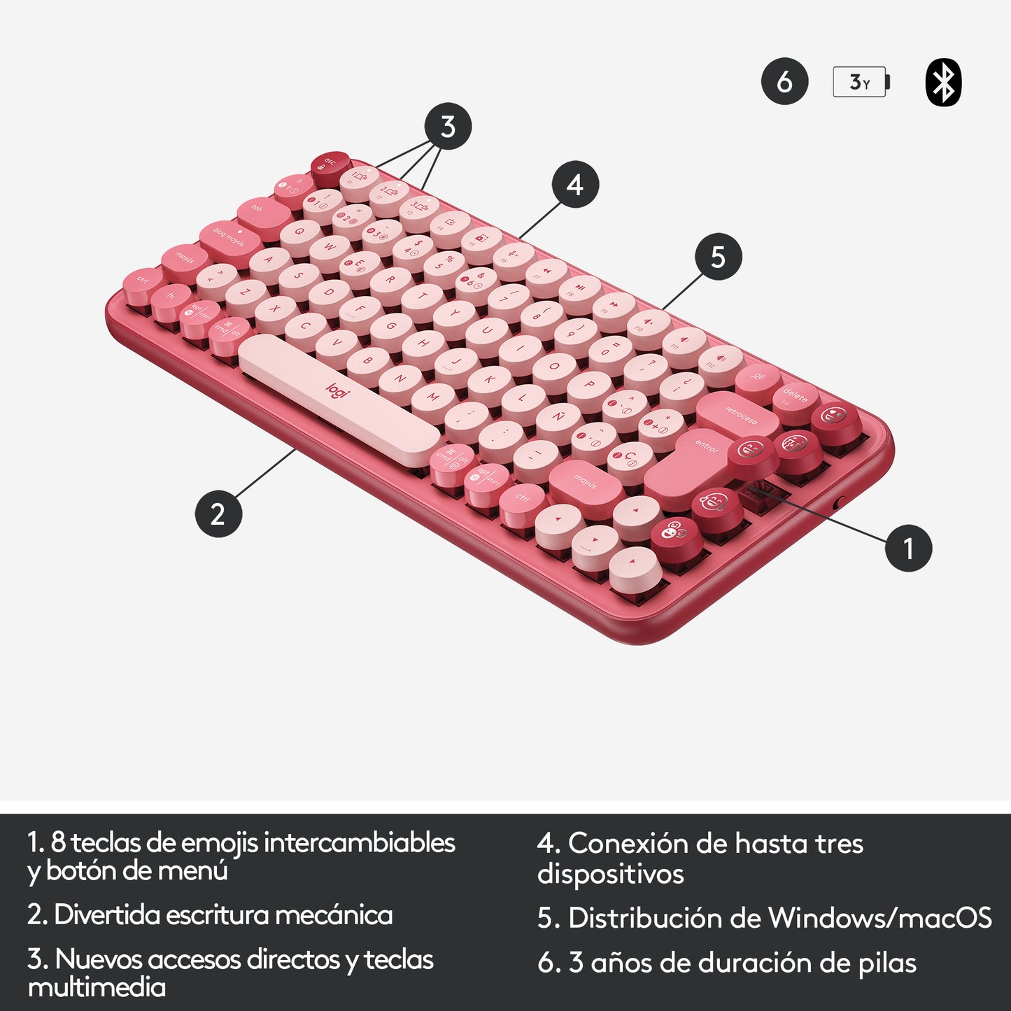 Logitech - POP Keys Wireless Mechanical Keyboard With Emoji Keys teclado Universal RF Wireless + Bluetooth QWERTY Español Borgoña  Rosa  Rosa