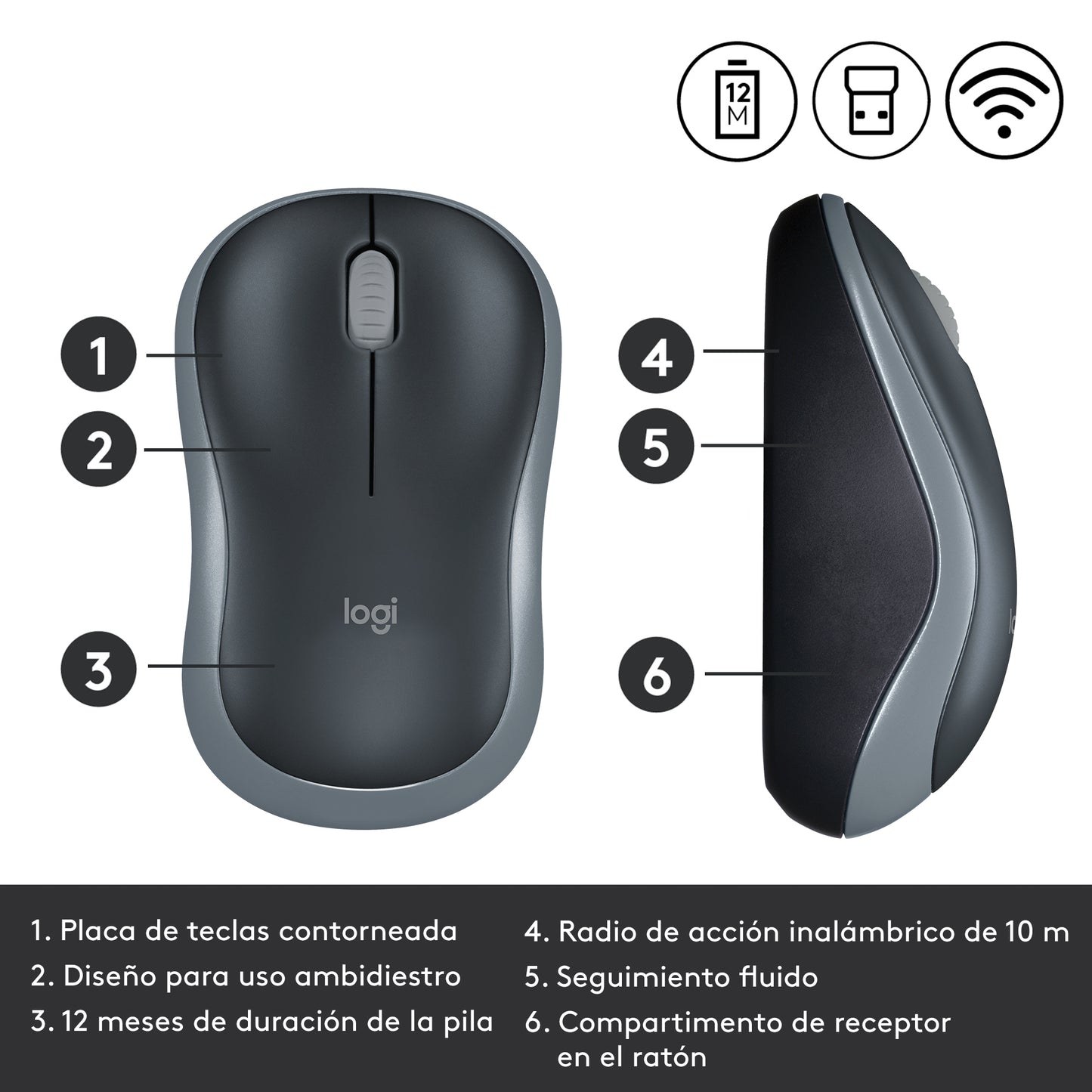 Logitech - M185 ratón Oficina Ambidextro RF inalámbrico Óptico 1000 DPI