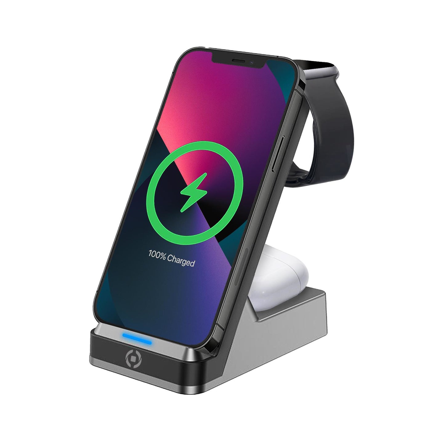 Celly - WLSTAND3IN1BK cargador de dispositivo móvil Cámara digital  Mando para videojuegos  Auriculares  Teléfono móvil  Batería portátil  Smartphone  Reloj inteligente  Tableta  Ver  Wearables Gris Corriente alterna Cargador inalámbrico Interior