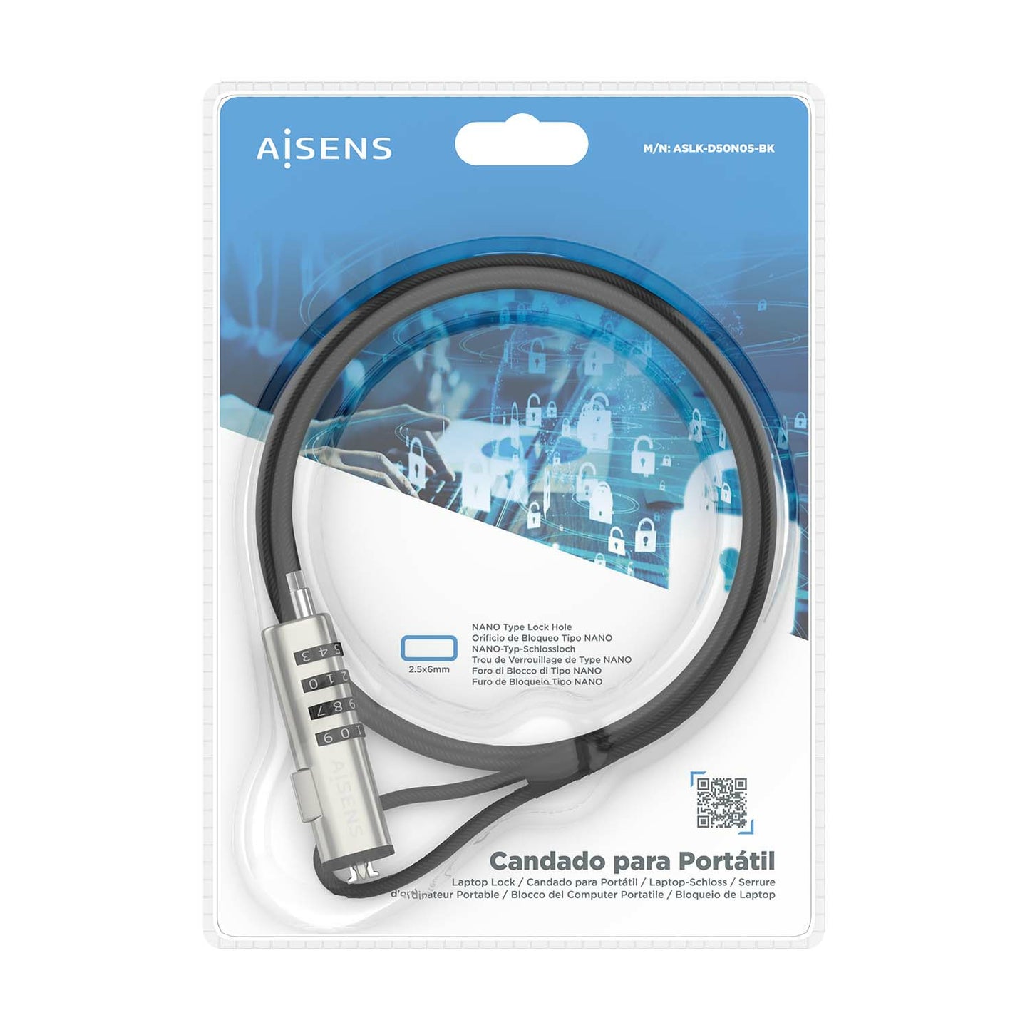 AISENS - Cable de Seguridad tipo NANO con cerradura de combinación para ordenador  monitor  portátil 1.5m