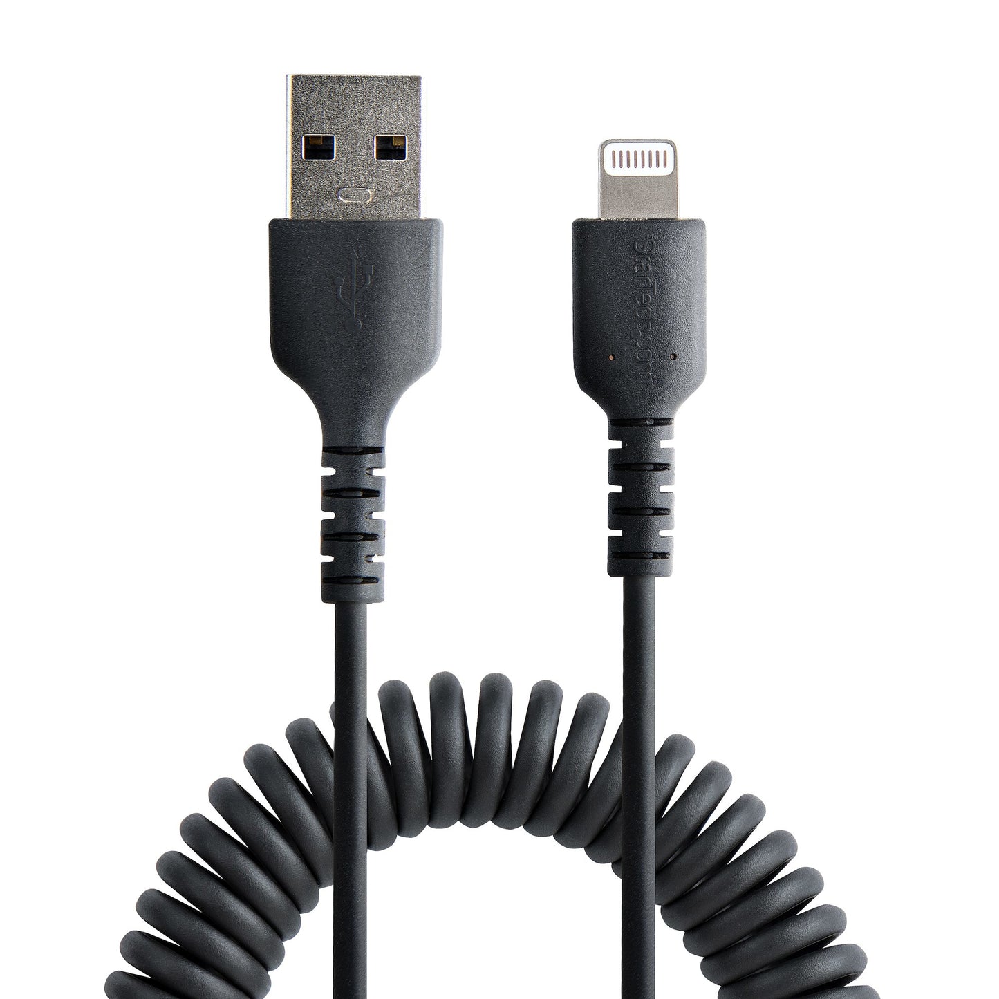 StarTech.com - Cable 50cm USB a Lightning con Certificación MFi  Cable Rizado de Carga para iPhone  Negro  con Recubrimiento de TPE  Núcleo de Fibra de Aramida  Cable Lightning Rizado