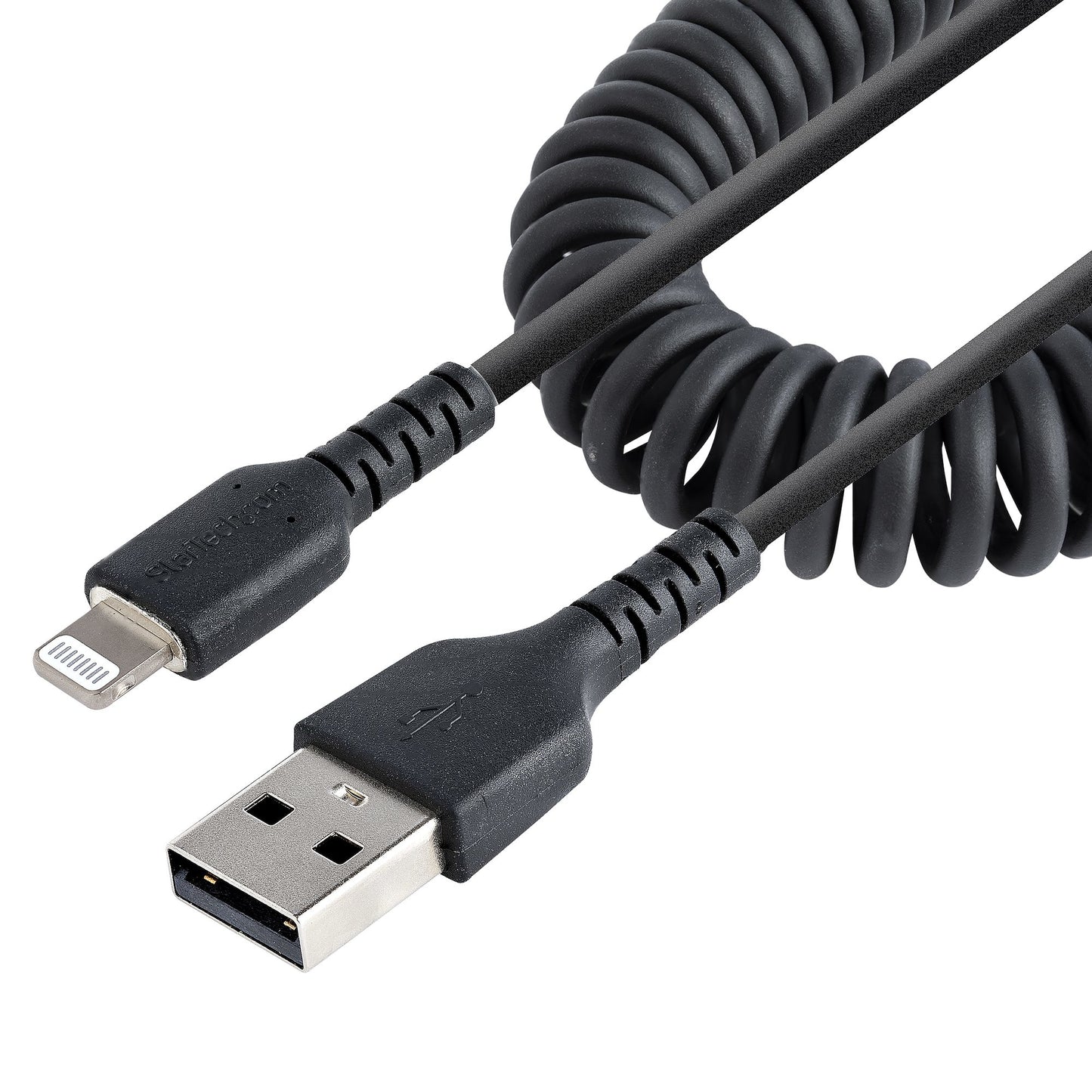 StarTech.com - Cable 50cm USB a Lightning con Certificación MFi  Cable Rizado de Carga para iPhone  Negro  con Recubrimiento de TPE  Núcleo de Fibra de Aramida  Cable Lightning Rizado