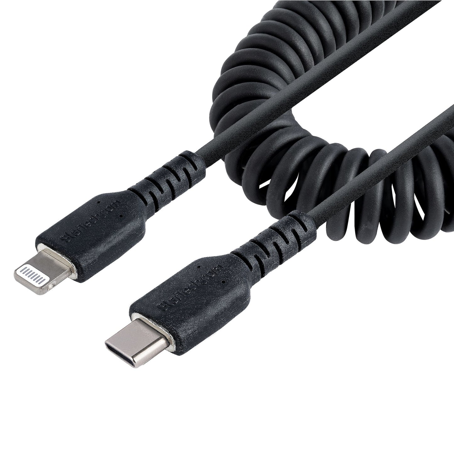 StarTech.com - Cable de 50cm USB-C a Lightning MFi  Cable USB Tipo C Rizado de Carga Negro para iPhone  con Recubrimiento de TPE  Núcleo de Fibra de Aramida  Cable Lightning Rizado