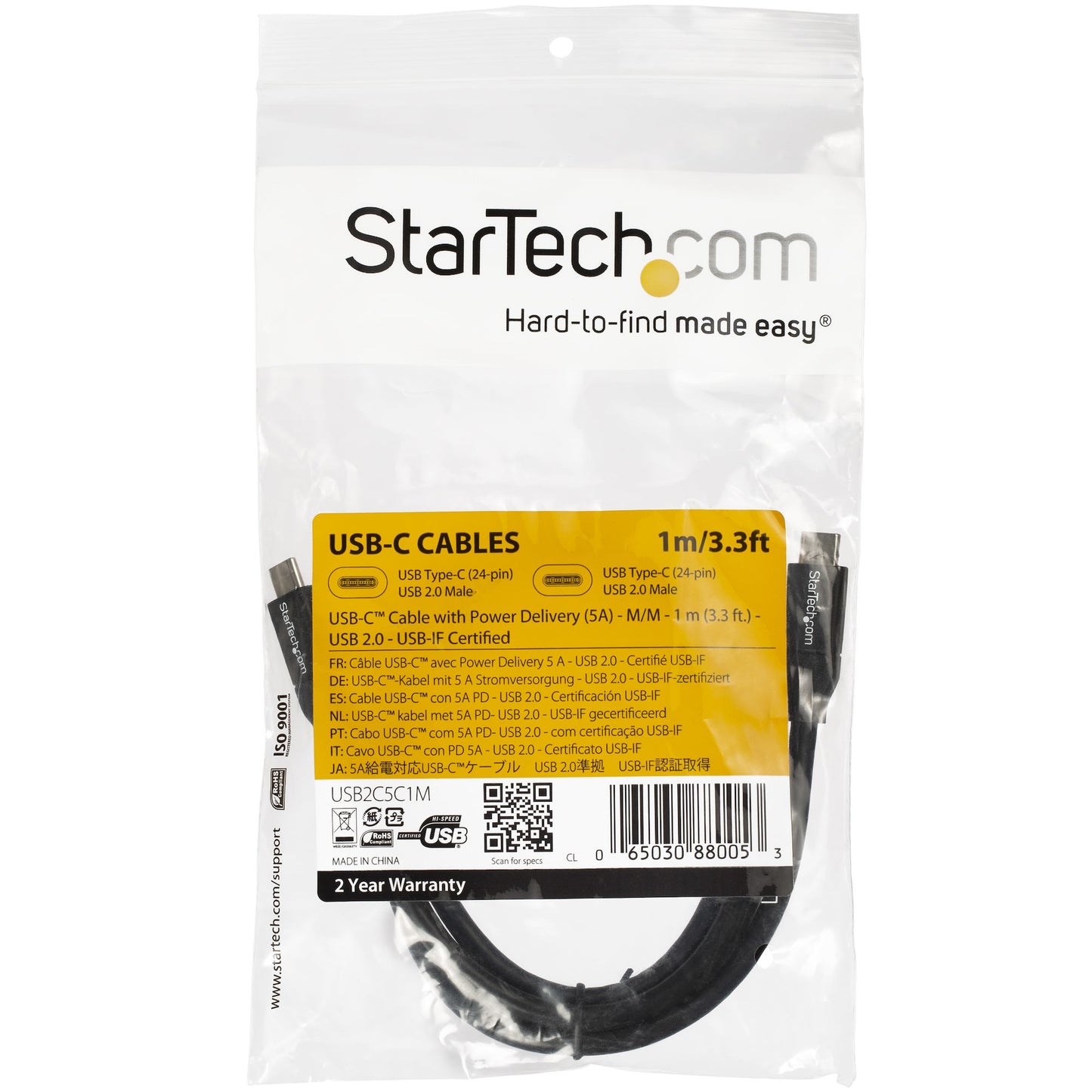 StarTech.com - Cable de 1m USB-C a USB-C con capacidad para Entrega de Alimentación de 5A - USB TipoC - Cable de Carga USBC - USB 2.0