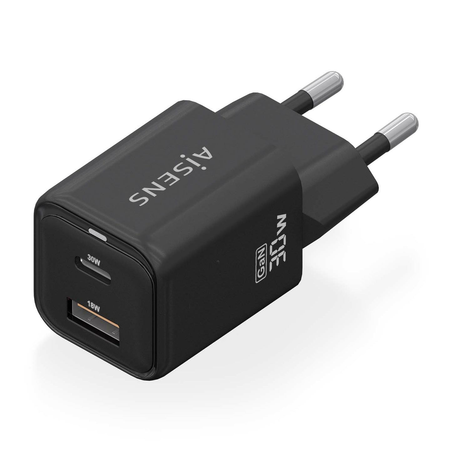 AISENS - Cargador Gan 30W  1xUSB-C PD3.0 QC4.0  1xUSB-A QC3.0  Negro