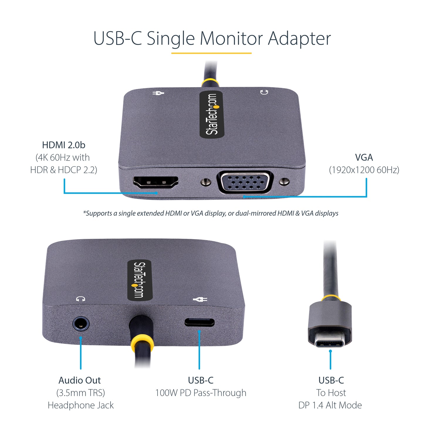 StarTech.com - Adaptador de Vídeo USB C  Adaptador Multipuertos USB Tipo C a HDMI VGA con Salida de Audio de 3 5mm  HDR 4K a 60Hz  PD 3.0 de 100W  Compatible con Thunderbolt 3/4