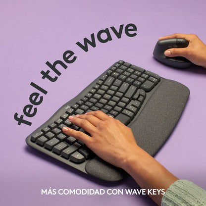 Logitech - Wave Keys  teclado ergonómico inalámbrico con reposamanos acolchado  escritura cómoda y natural  Easy-Switch  Bluetooth  Logi Bolt  multisistema operativo  Windows/Mac QWERTY Español  Grafito