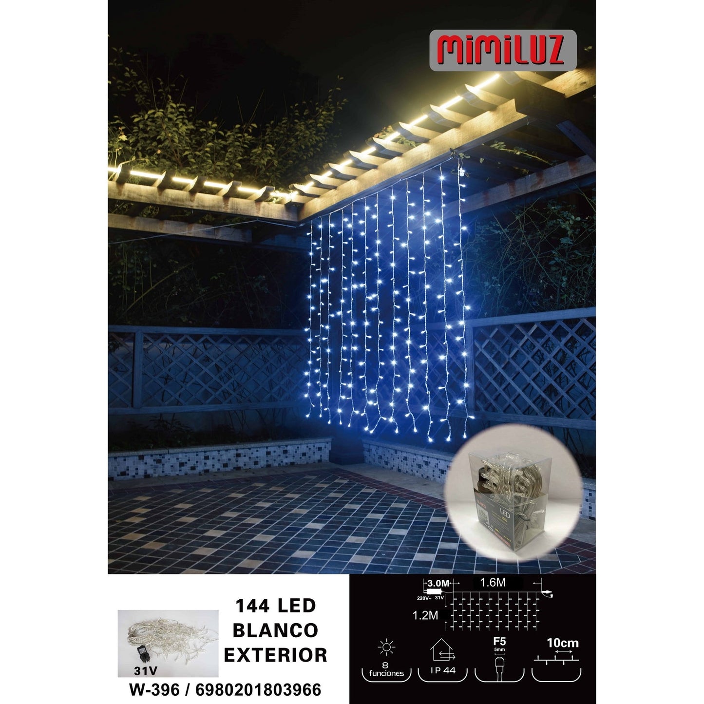 Mimiluz - W-396 Cortina de 144 LED de  1,6m de largo y caida de 1,20m, con luz blanca y 8 funciones