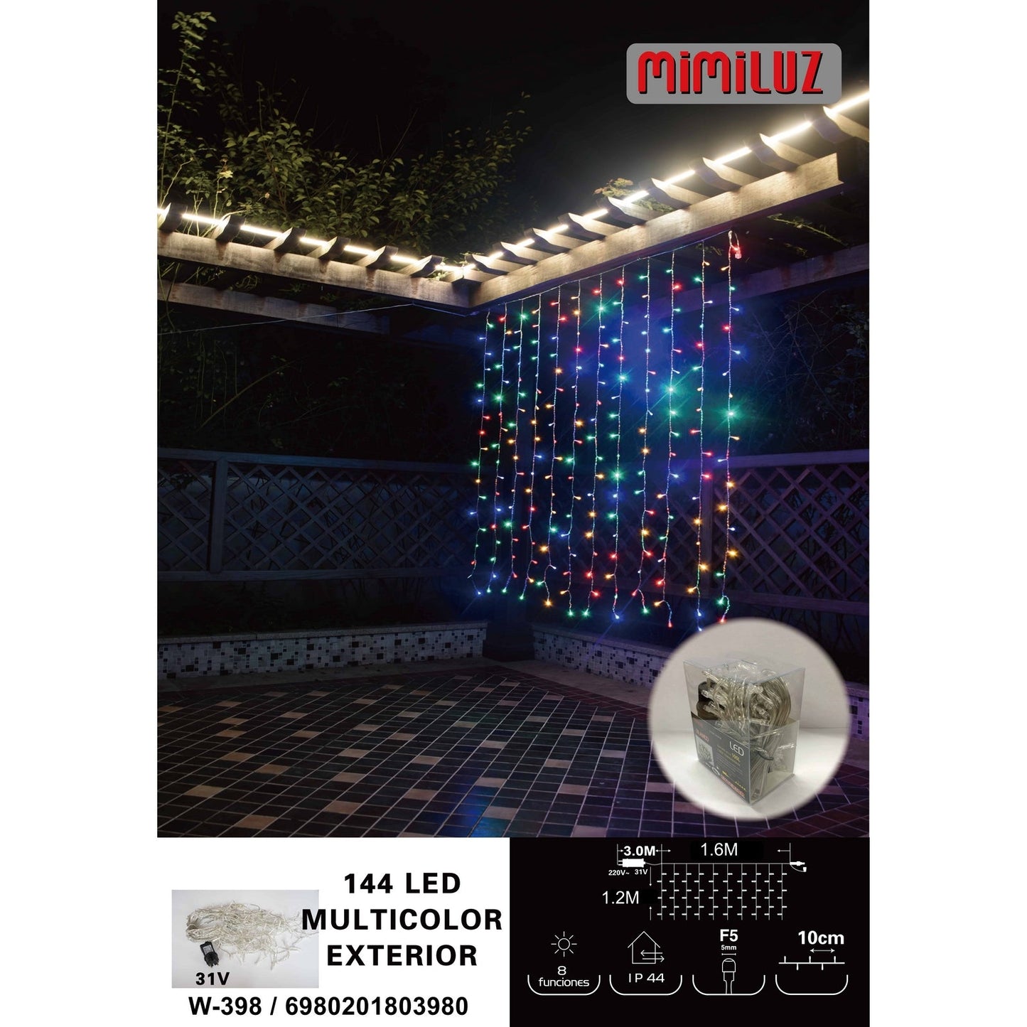 Mimiluz - W-398 Cortina de 144 LED de  1,6m de largo y caida de 1,20m, con luz multicolor y 8 funciones