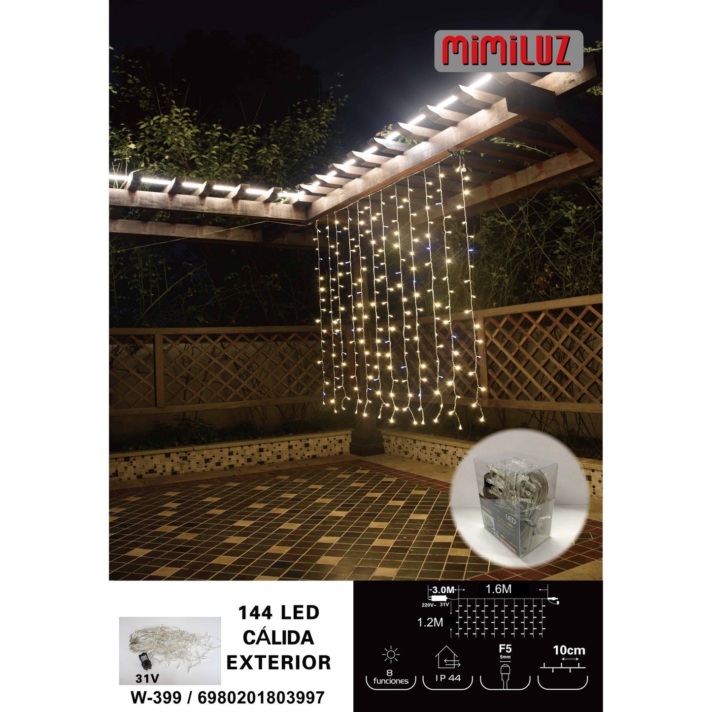 Mimiluz - W-399 Cortina de 144 LED de  1,6m de largo y caida de 1,20m, con luz calida y 8 funciones