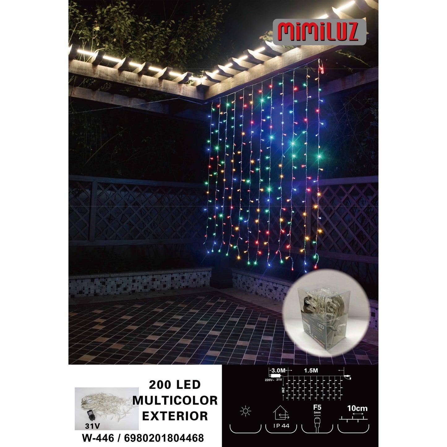 Mimiluz - W-446 Cortina de 200 LED de  1,5m de largo y caida de 2m, con luz multicolor y 8 funciones