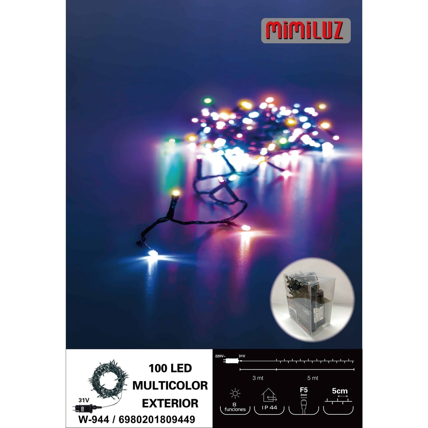 Mimiluz - W-944 Guirnalda de 5m con luces LED multicolor y 8 funciones