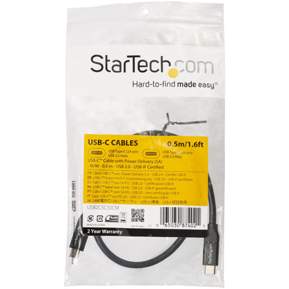 StarTech.com - Cable de 50cm USB-C a USB-C con capacidad para Entrega de Alimentación de 5A - USB TipoC - Cable de Carga USBC - USB 2.0