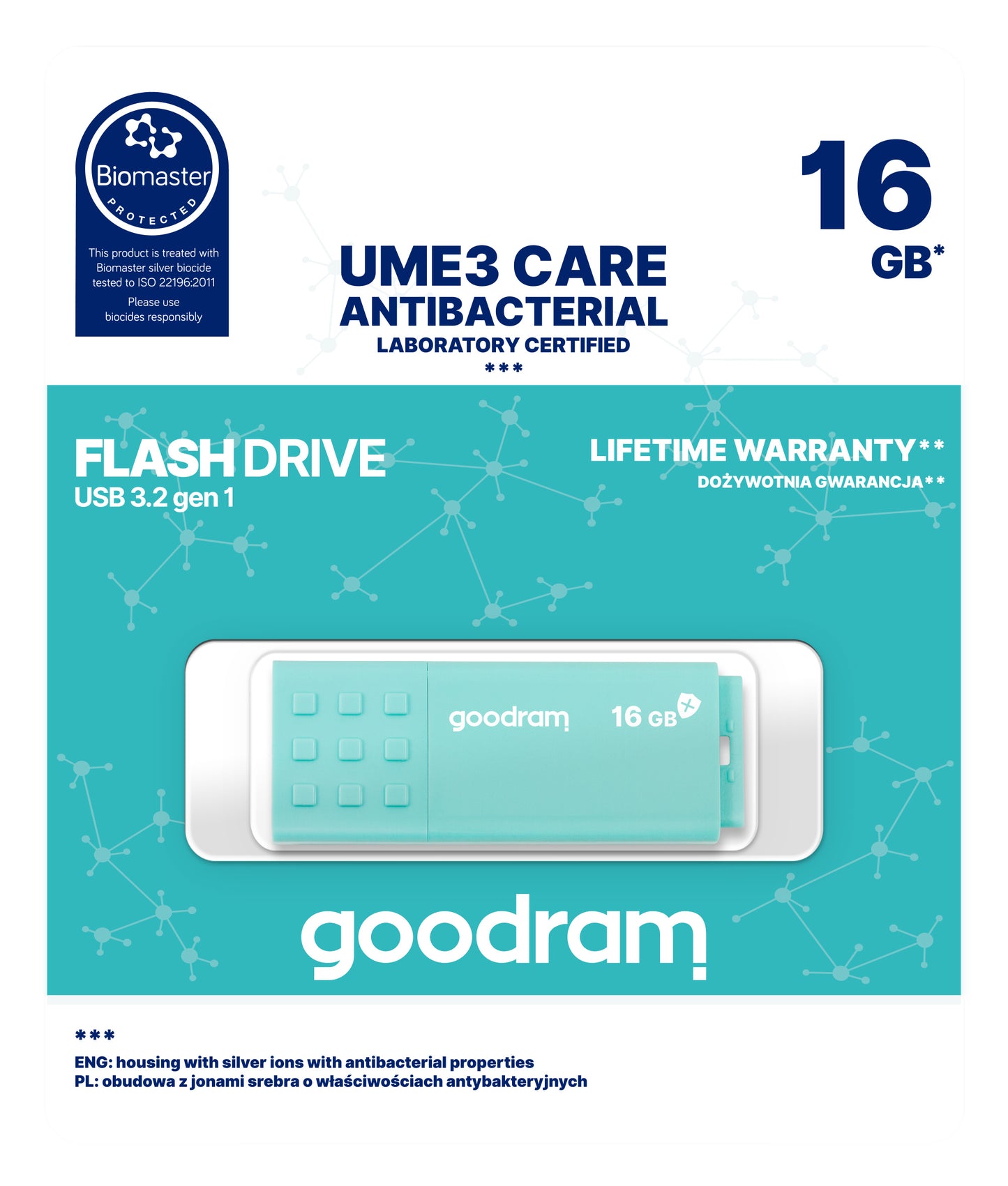 Goodram - USB 3.0 UME3 CARE unidad flash USB 16 GB USB tipo A 3.2 Gen 1 (3.1 Gen 1) Turquesa