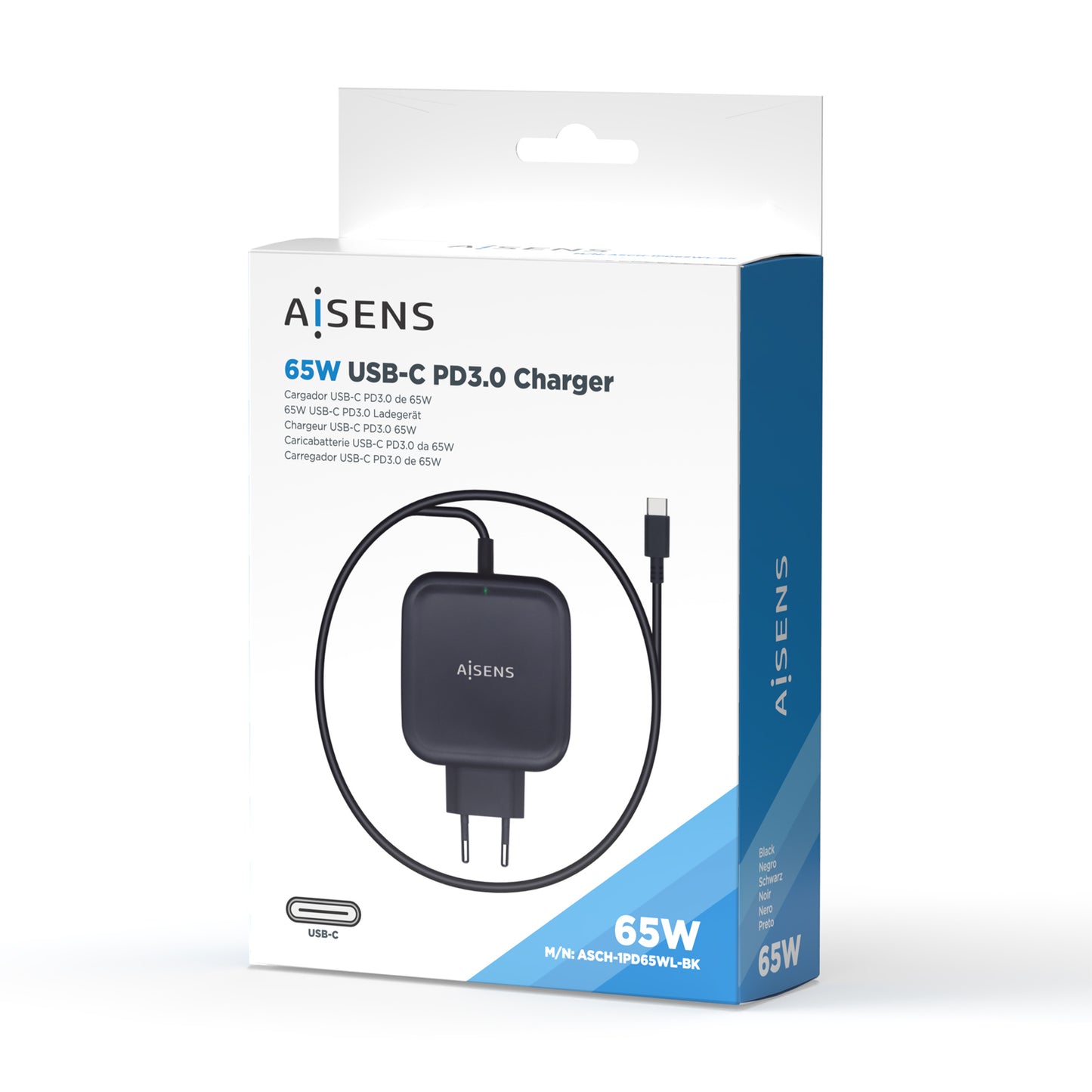 AISENS - Cargador 65W PD3.0 QC3.0 1XUSB-C 1.2M  Negro