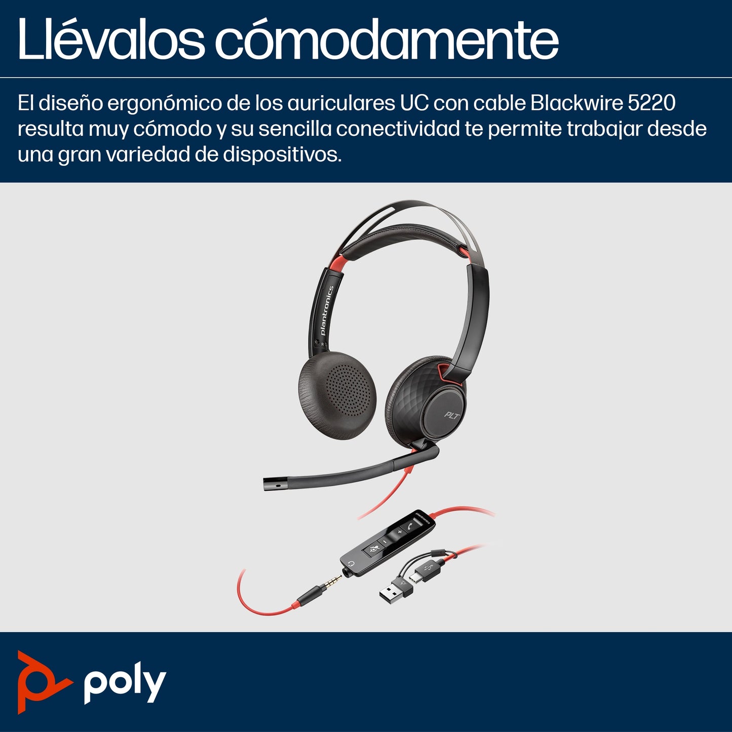 POLY - Auriculares Blackwire 5220 estéreo USB-C + conector de 3 5 mm + adaptador USB-C/A (paquete)