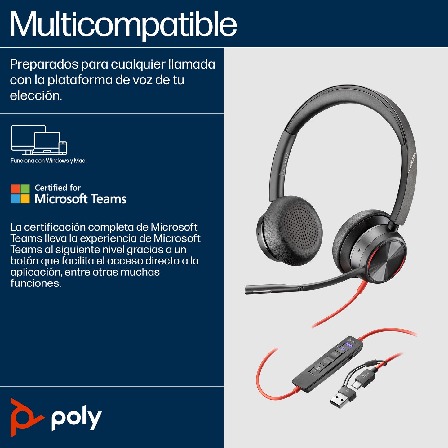 POLY - Auriculares estéreo Blackwire 8225 USB-C + Adaptador USB-C/A