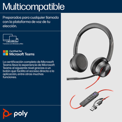 POLY - Auriculares estéreo Blackwire 8225 USB-C + Adaptador USB-C/A