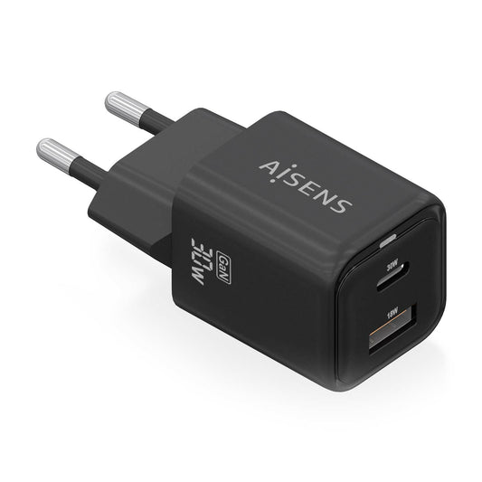 AISENS - Cargador Gan 30W  1xUSB-C PD3.0 QC4.0  1xUSB-A QC3.0  Negro