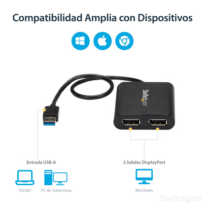 StarTech.com - Adaptador Gráfico Externo USB 3.0 a DisplayPort Doble 4K60 DisplayLink - Cable Conversor USB 3.0 a DP de Vídeo