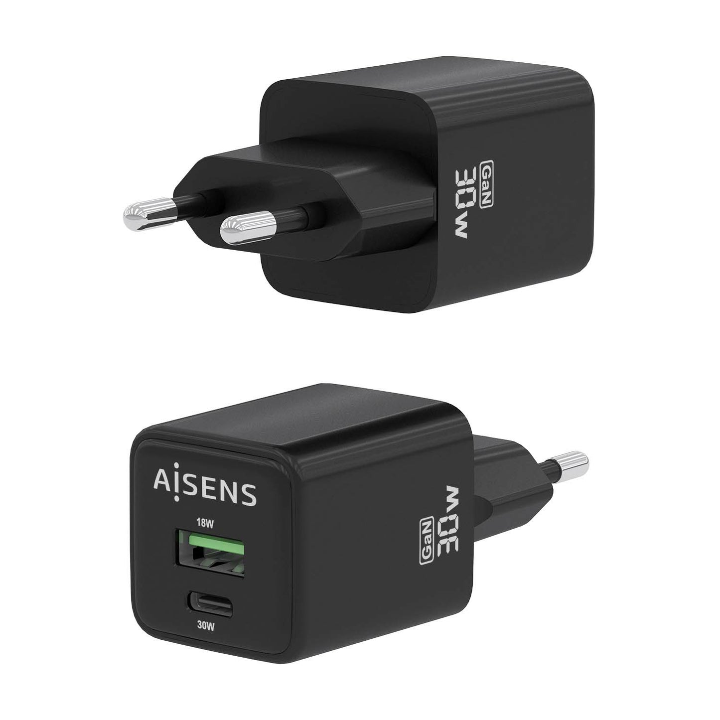 AISENS - Cargador Gan 30W  1xUSB-C PD3.0 QC4.0  1xUSB-A QC3.0  Negro