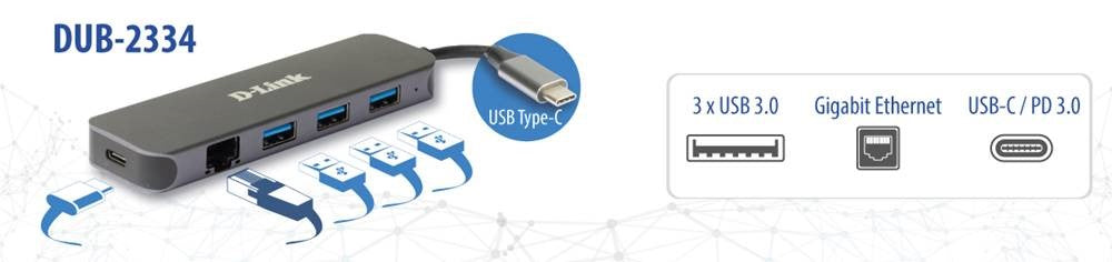 D-Link - DUB-2334 base para portátil y replicador de puertos Alámbrico USB Tipo C Gris