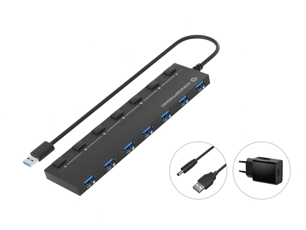 Conceptronic - HUBBIES19BP hub de interfaz USB 3.2 Gen 1 (3.1 Gen 1) Type-A 5000 Mbit/s Negro