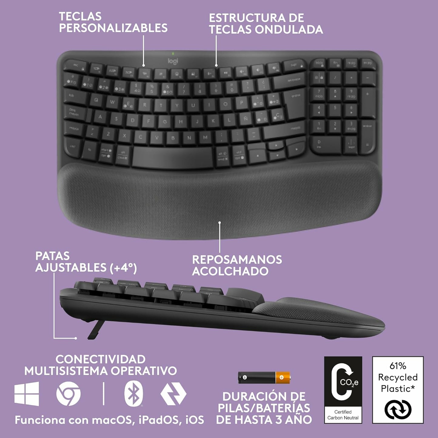 Logitech - Wave Keys  teclado ergonómico inalámbrico con reposamanos acolchado  escritura cómoda y natural  Easy-Switch  Bluetooth  Logi Bolt  multisistema operativo  Windows/Mac QWERTY Español  Grafito