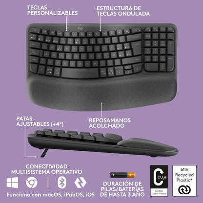 Logitech - Wave Keys  teclado ergonómico inalámbrico con reposamanos acolchado  escritura cómoda y natural  Easy-Switch  Bluetooth  Logi Bolt  multisistema operativo  Windows/Mac QWERTY Español  Grafito