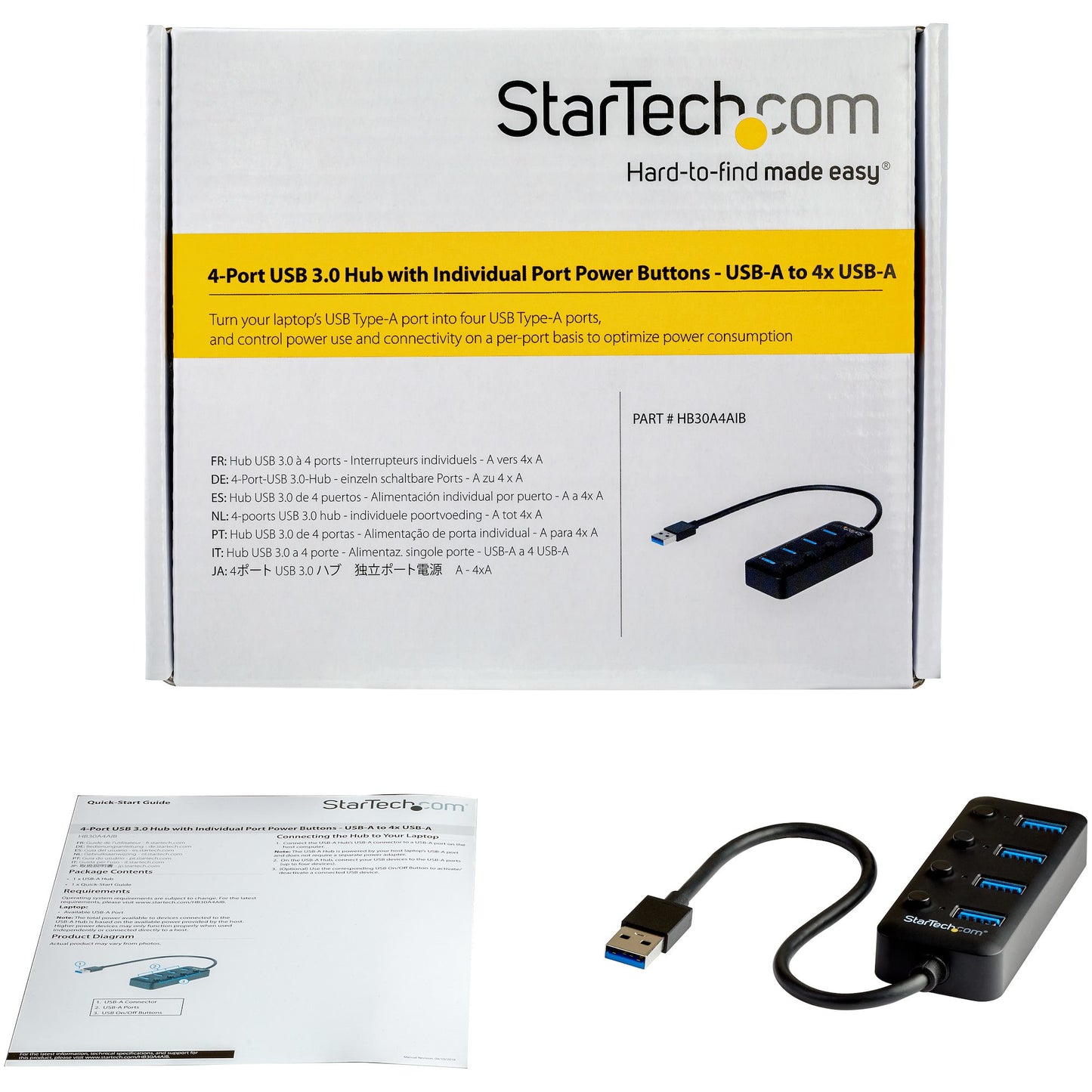 StarTech.com - Hub Ladrón USB 3.0 4 Puertos - USB-A a USB 3.0 Tipo A con Interruptores Individuales de Encendido/Apagado - USB 3.2 Gen 1 SuperSpeed 5Gbps - Alimentado por el Bus USB - Portátil - Cable de 25cm