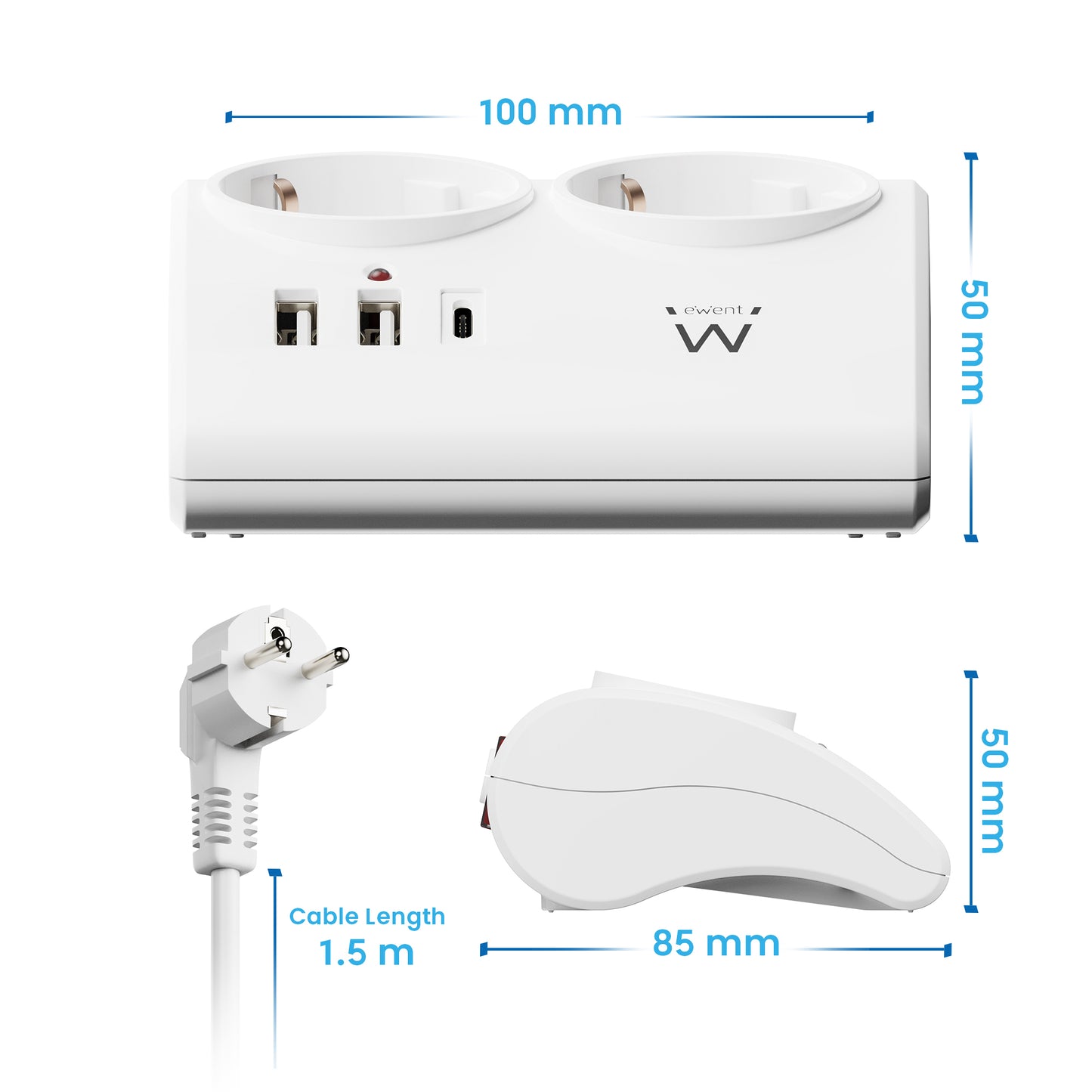 Ewent - EW3870 base múltiple 1 5 m 3 salidas AC Interior Blanco