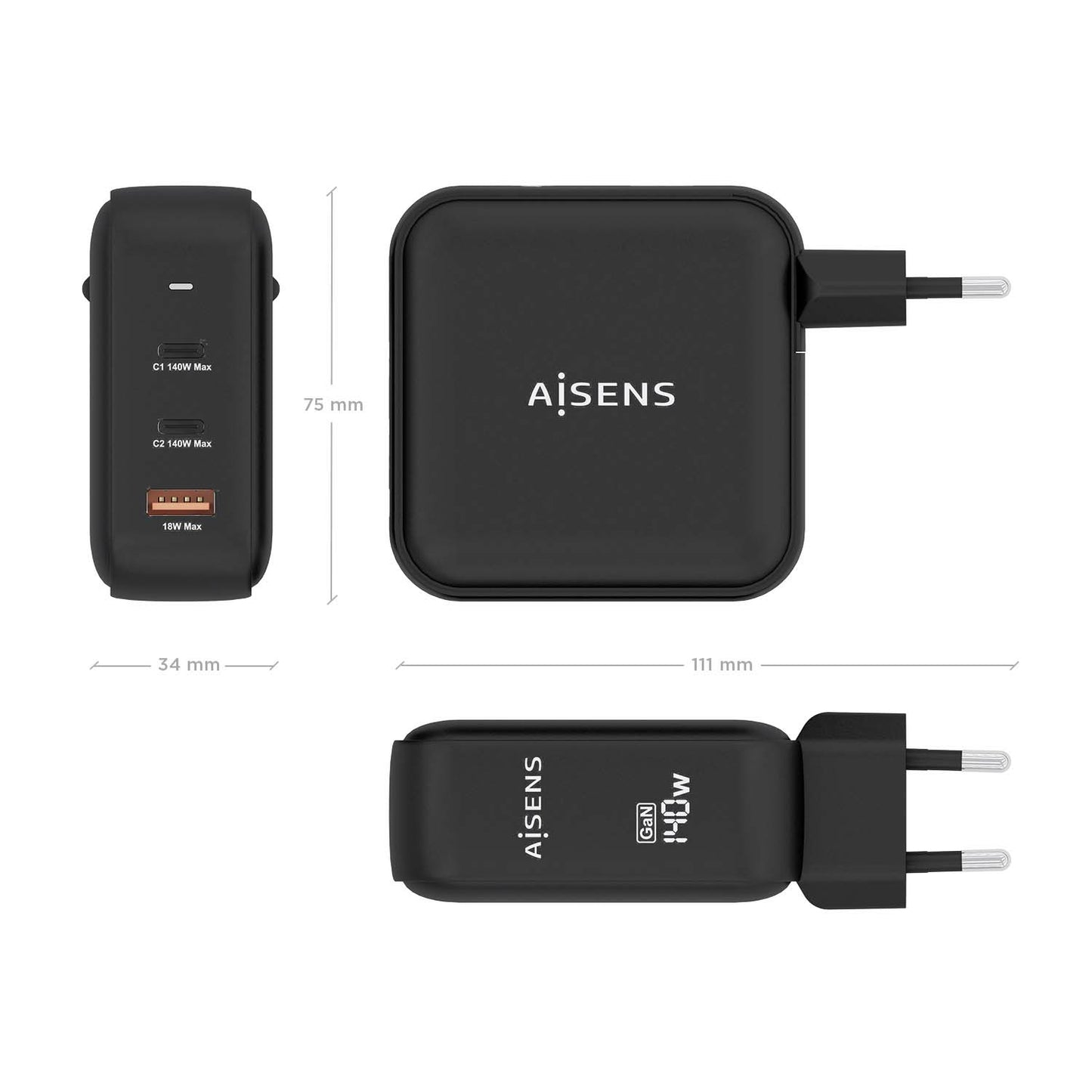 AISENS - Cargador GaN 140W  2xUSB-C PD3.1 QC4.0  1xUSB-A QC3.0  Negro