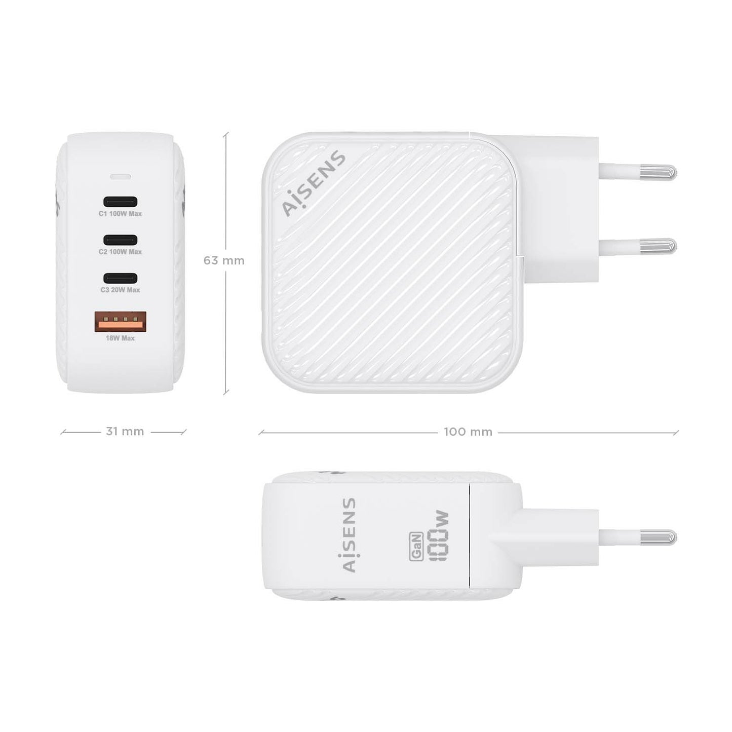 AISENS - Cargador GaN 100W  3xUSB-C PD3.0 QC4.0  1xUSB-A QC3.0  Blanco