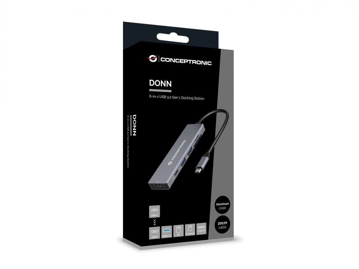 Conceptronic - DONN23G base para portátil y replicador de puertos Alámbrico USB 3.2 Gen 1 (3.1 Gen 1) Type-C Gris