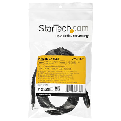 StarTech.com - Cable de 2m USB-C a USB-C con capacidad para Entrega de Alimentación de 5A - USB TipoC - Cable de Carga USBC - USB 2.0