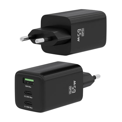 AISENS - Cargador Gan 65W  2xUSB-C PD3.0 QC4.0  1xUSB-A QC3.0  Negro