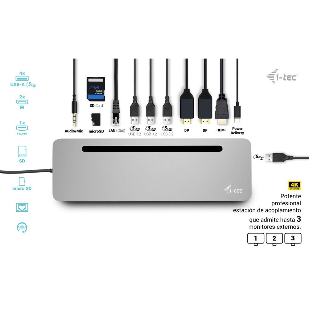 i-tec - USB-C Metal Ergonomic 3x 4K Display Docking Station + Power Delivery 100 W