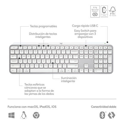 Logitech - MX Keys S teclado Oficina RF Wireless + Bluetooth QWERTY Español Aluminio  Blanco