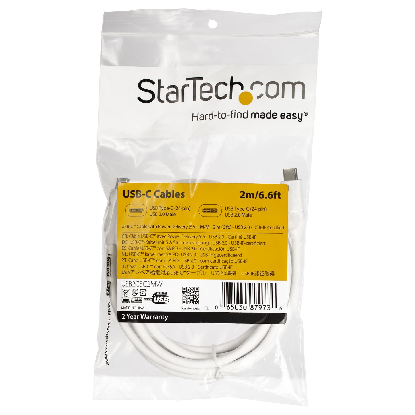 StarTech.com - Cable de 2m USB-C a USB-C con capacidad para Entrega de Alimentación de 5A - USB TipoC - Cable de Carga USBC - Blanco