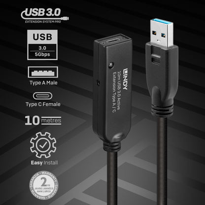 Lindy - 43376 cable USB USB 3.2 Gen 1 (3.1 Gen 1) 10 m USB A USB C Negro