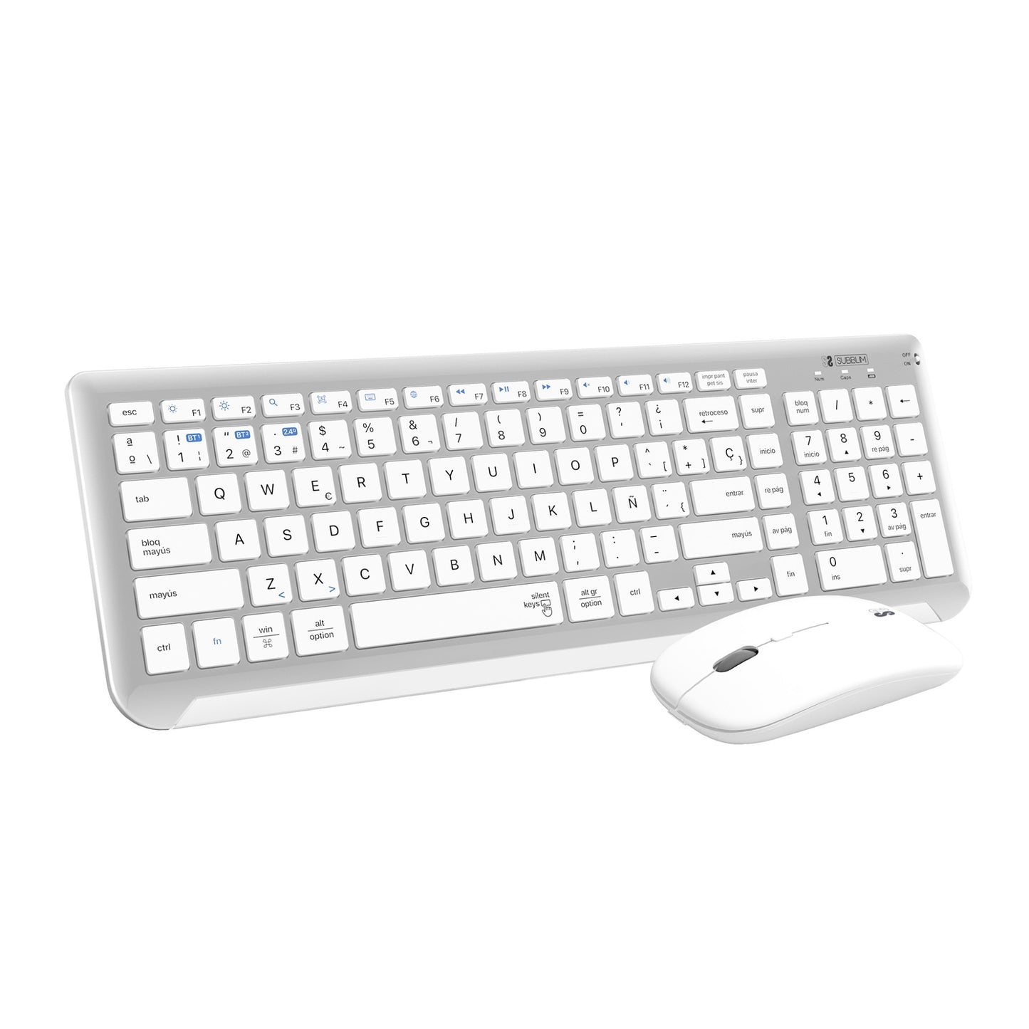 SUBBLIM - Teclado con Ratón Bluetooth + 2.4G Combo Dual Prestige Extendido Plata/Blanco