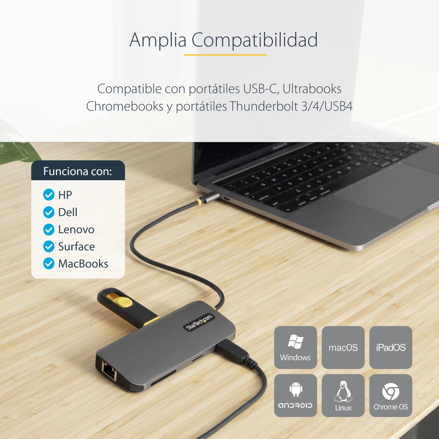 StarTech.com - Adaptador Multipuertos USB C de Vídeo 4K a 60Hz  con Hub de 3 Puertos USB-A de 5Gbps  Entrega de Alimentación USB de 100W  Red Ethernet  SD/microSD  Cable de 30cm