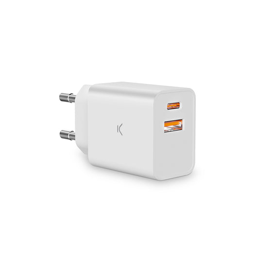 Ksix - Cargador de red 20 W  PPS  Power Delivery  Carga rápida  Multipuerto 1 x USB-C + 1 x USB-A  Blanco