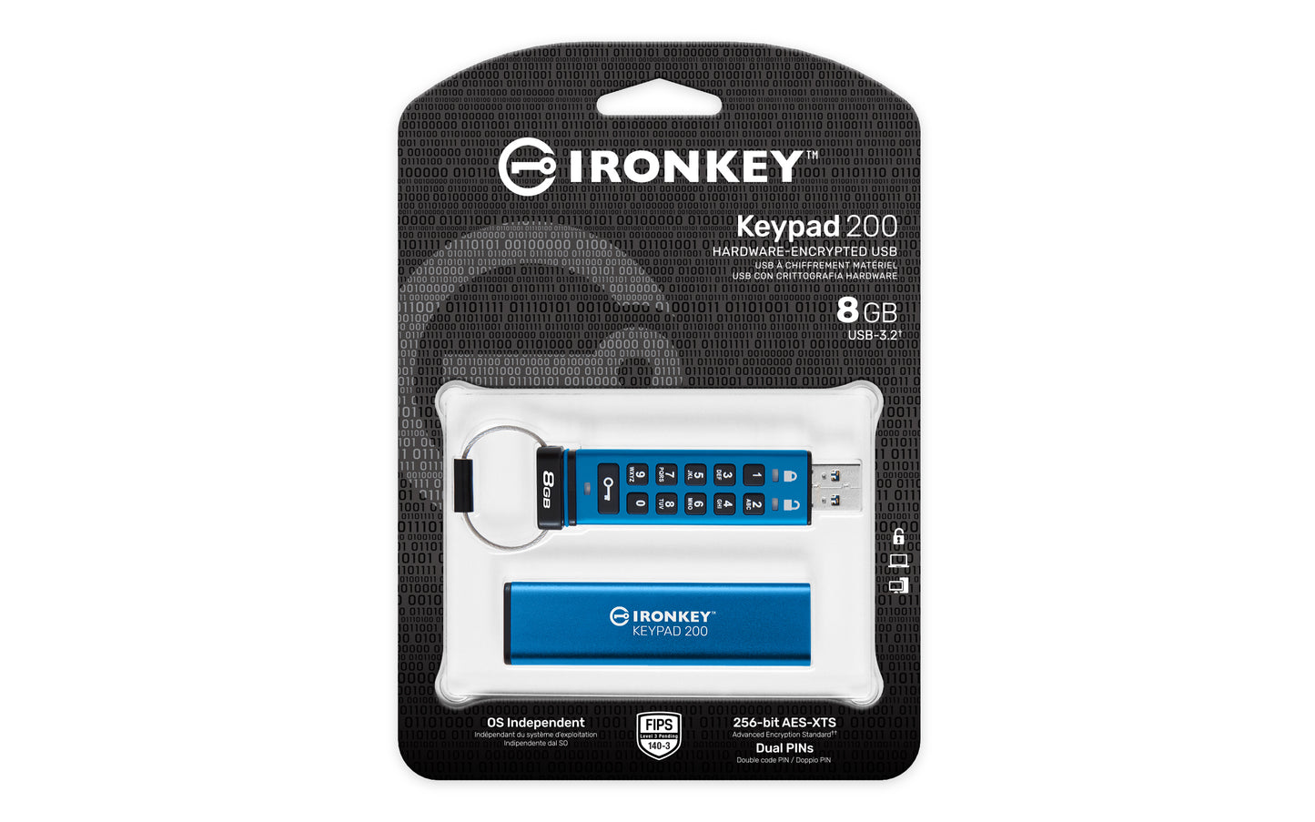 Kingston Technology - IronKey Keypad 200 unidad flash USB 8 GB USB tipo A 3.2 Gen 1 (3.1 Gen 1) Azul