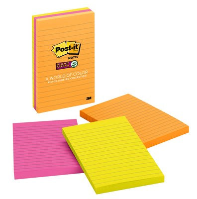 Post-It - Super Sticky Notes  4 in x 6 in  Rio de Janeiro Collection  Lined  3 Pads/Pack  90 Sheets/Pad nota autoadhesiva Naranja  Rosa  Amarillo 90 hojas Autoadhesivo